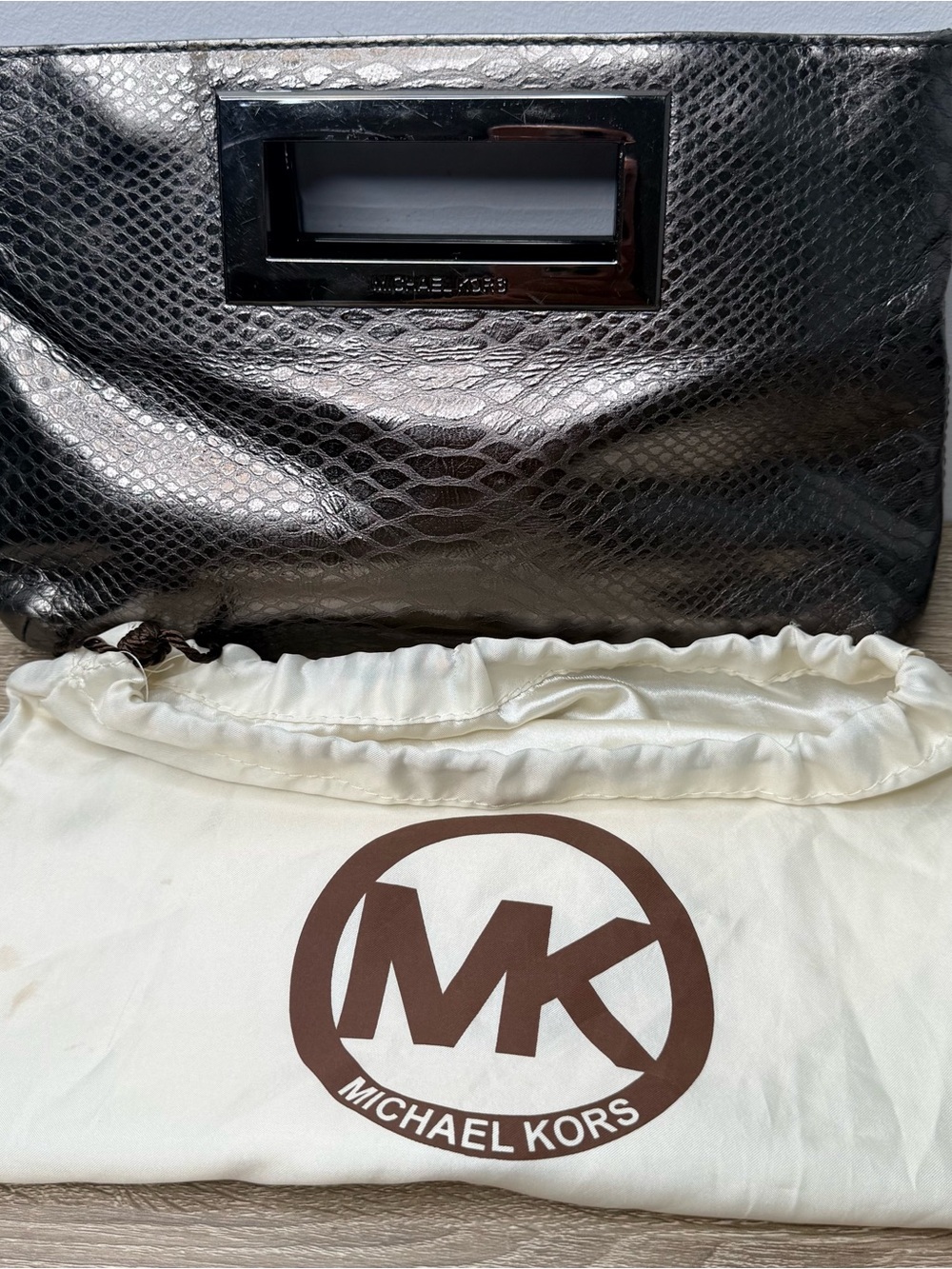 Michael Kors Metallic Snake Orint Clutch Metal Square Handle